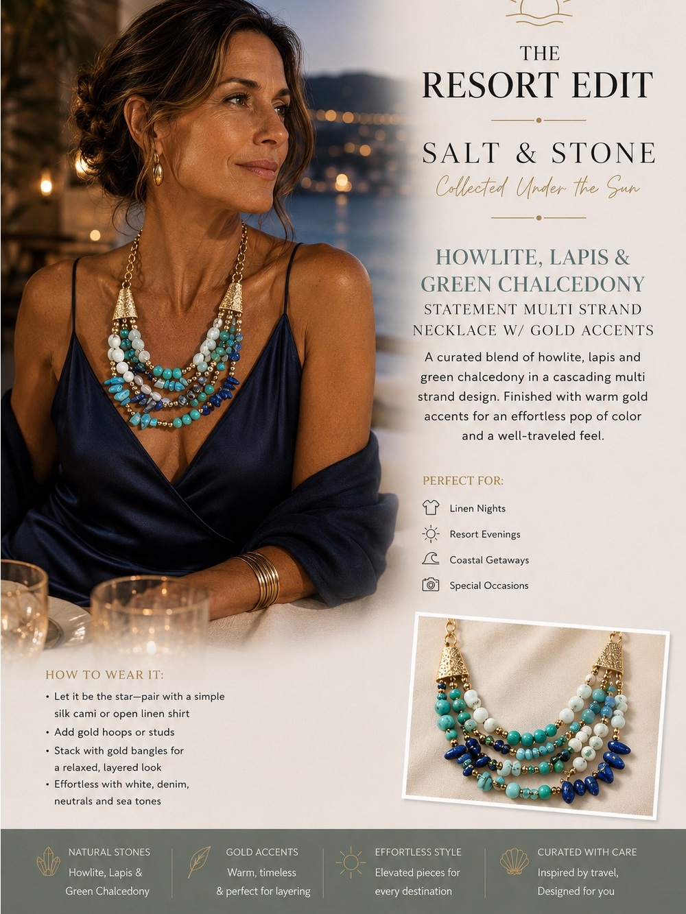 Multi-Strand Howlite, Lapis & Green Chalcedony Necklace with Gold Accents
